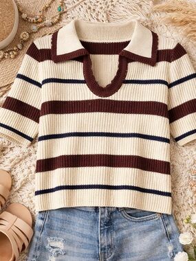 Zenana Striped Crop Sweater Medium Cream Brown Coastal Short Sleeve Knit NWT